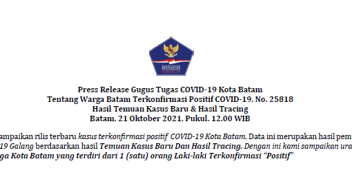 Press Release Gugus Tugas COVID-19 Kota Batam Tentang Warga Batam Terkonfirmasi Positif COVID-19, No. 25818 Hasil Temuan Kasus Baru & Hasil Tracing Batam, 21 Oktober 2021, Pukul. 12.00 WIB