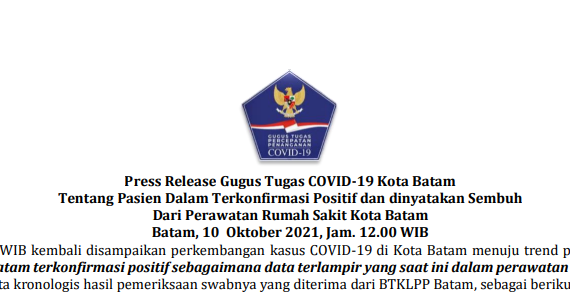 Press Release Gugus Tugas COVID-19 Kota Batam Tentang Pasien Dalam Terkonfirmasi Positif dan dinyatakan Sembuh Dari Perawatan Rumah Sakit Kota Batam Batam, 10 Oktober 2021, Jam. 12.00 WIB