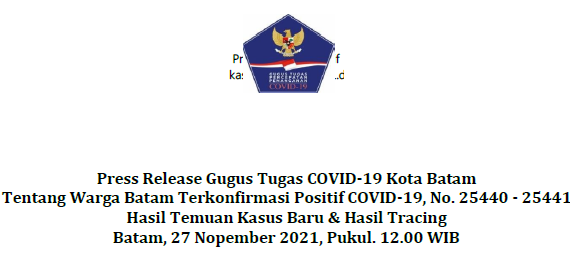 Press Release Gugus Tugas COVID-19 Kota Batam Tentang Warga Batam Terkonfirmasi Positif COVID-19, No. 25440 - 25441 Hasil Temuan Kasus Baru & Hasil Tracing, 27 Nopember 2021, Pukul. 12.00 WIB