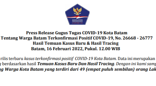 Press Release Gugus Tugas COVID-19 Kota Batam Tentang Warga Batam Terkonfirmasi Positif COVID-19, No. 26668 - 26777 Hasil Temuan Kasus Baru & Hasil Tracing Batam, 16 Februari 2022, Pukul. 12.00 WIB