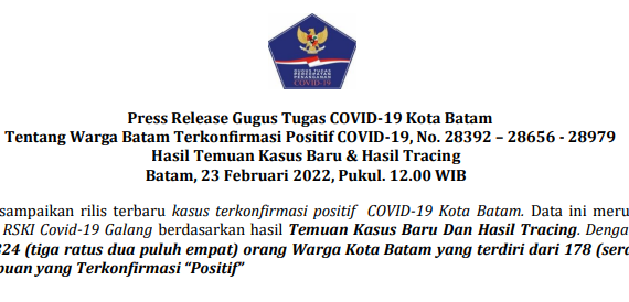 Press Release Gugus Tugas COVID-19 Kota Batam Tentang Pasien Dalam Terkonfirmasi Positif dan dinyatakan Sembuh Dari Perawatan Rumah Sakit Kota Batam Batam, 25 Februari 2022, Jam. 12.00 WIB