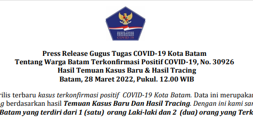 Press Release Gugus Tugas COVID-19 Kota Batam Tentang Warga Batam Terkonfirmasi Positif COVID-19, No. 30926 Hasil Temuan Kasus Baru & Hasil Tracing Batam, 28 Maret 2022, Pukul. 12.00 WIB