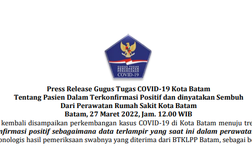 Press Release Gugus Tugas COVID-19 Kota Batam Tentang Pasien Dalam Terkonfirmasi Positif dan dinyatakan Sembuh Dari Perawatan Rumah Sakit Kota Batam Batam, 27 Maret 2022, Jam. 12.00 WIB