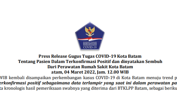 Press Release Gugus Tugas COVID-19 Kota Batam Tentang Pasien Dalam Terkonfirmasi Positif dan dinyatakan Sembuh Dari Perawatan Rumah Sakit Kota Batam, 04 Maret 2022, Jam. 12.00 WIB