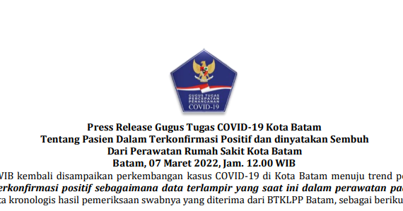 Press Release Gugus Tugas COVID-19 Kota Batam Tentang Pasien Dalam Terkonfirmasi Positif dan dinyatakan Sembuh Dari Perawatan Rumah Sakit Kota Batam Batam, 07 Maret 2022, Jam. 12.00 WIB