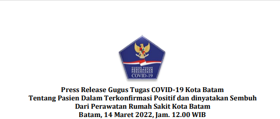 Press Release Gugus Tugas COVID-19 Kota Batam Tentang Pasien Dalam Terkonfirmasi Positif dan dinyatakan Sembuh Dari Perawatan Rumah Sakit Kota Batam Batam, 14 Maret 2022, Jam. 12.00 WIB