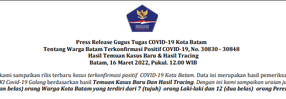 Press Release Gugus Tugas COVID-19 Kota Batam Tentang Pasien Dalam Terkonfirmasi Positif dan dinyatakan Sembuh Dari Perawatan Rumah Sakit Kota Batam Batam, 16 Maret 2022, Jam. 12.00 WIB