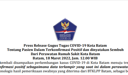 Press Release Gugus Tugas COVID-19 Kota Batam Tentang Pasien Dalam Terkonfirmasi Positif dan dinyatakan Sembuh Dari Perawatan Rumah Sakit Kota Batam Batam, 18 Maret 2022, Jam. 12.00 WIB