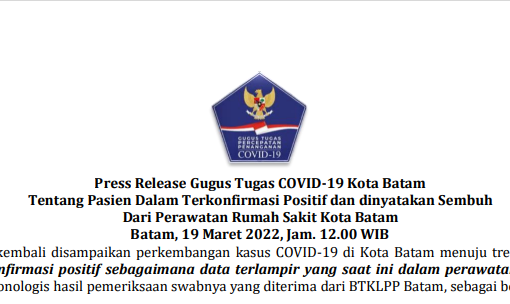 Press Release Gugus Tugas COVID-19 Kota Batam Tentang Pasien Dalam Terkonfirmasi Positif dan dinyatakan Sembuh Dari Perawatan Rumah Sakit Kota Batam Batam, 19 Maret 2022, Jam. 12.00 WIB