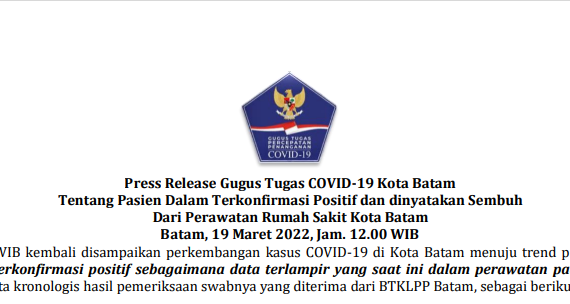 Press Release Gugus Tugas COVID-19 Kota Batam Tentang Pasien Dalam Terkonfirmasi Positif dan dinyatakan Sembuh Dari Perawatan Rumah Sakit Kota Batam Batam, 19 Maret 2022, Jam. 12.00 WIB
