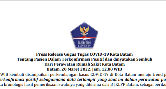 Press Release Gugus Tugas COVID-19 Kota Batam Tentang Pasien Dalam Terkonfirmasi Positif dan dinyatakan Sembuh Dari Perawatan Rumah Sakit Kota Batam Batam, 20 Maret 2022, Jam. 12.00 WIB