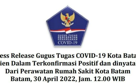 Press Release Gugus Tugas COVID-19 Kota Batam Tentang Pasien Dalam Terkonfirmasi Positif dan dinyatakan Sembuh Dari Perawatan Rumah Sakit Kota Batam Batam, 30 April 2022, Jam. 12.00 WIB