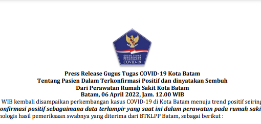 Press Release Gugus Tugas COVID-19 Kota Batam Tentang Pasien Dalam Terkonfirmasi Positif dan dinyatakan Sembuh Dari Perawatan Rumah Sakit Kota Batam Batam, 06 April 2022, Jam. 12.00 WIB