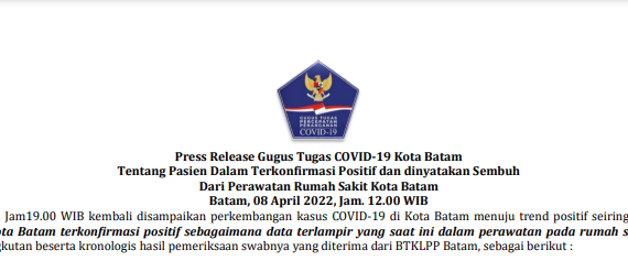 Press Release Gugus Tugas COVID-19 Kota Batam Tentang Pasien Dalam Terkonfirmasi Positif dan dinyatakan Sembuh Dari Perawatan Rumah Sakit Kota Batam Batam, 08 April 2022, Jam. 12.00 WIB