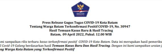 Press Release Gugus Tugas COVID-19 Kota Batam Tentang Warga Batam Terkonfirmasi Positif COVID-19, No. 30947 Hasil Temuan Kasus Baru & Hasil Tracing Batam, 09 April 2022, Pukul. 12.00 WIB