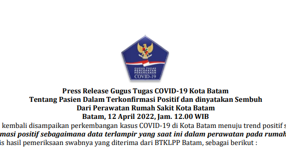 Press Release Gugus Tugas COVID-19 Kota Batam Tentang Pasien Dalam Terkonfirmasi Positif dan dinyatakan Sembuh Dari Perawatan Rumah Sakit Kota Batam Batam, 12 April 2022, Jam. 12.00 WIB