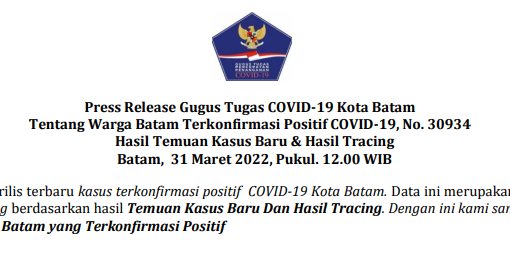 Press Release Gugus Tugas COVID-19 Kota Batam Tentang Warga Batam Terkonfirmasi Positif COVID-19, No. 30934 Hasil Temuan Kasus Baru Hasil Tracing Batam, 31 Maret 2022, Pukul. 12.00 WIB