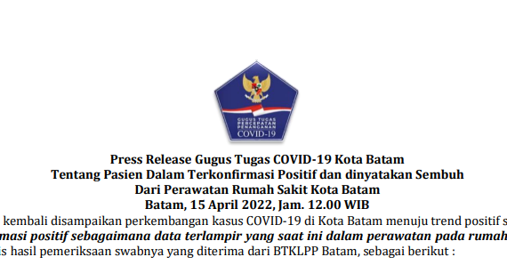 Press Release Gugus Tugas COVID-19 Kota Batam Tentang Pasien Dalam Terkonfirmasi Positif dan dinyatakan Sembuh Dari Perawatan Rumah Sakit Kota Batam Batam, 15 April 2022, Jam. 12.00 WIB