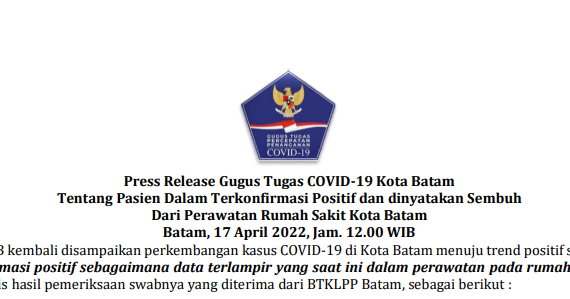 Press Release Gugus Tugas COVID-19 Kota Batam Tentang Pasien Dalam Terkonfirmasi Positif dan dinyatakan Sembuh Dari Perawatan Rumah Sakit Kota Batam Batam, 17 April 2022, Jam. 12.00 WIB