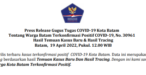 Press Release Gugus Tugas COVID-19 Kota Batam Tentang Warga Batam Terkonfirmasi Positif COVID-19, No. 30961 Hasil Temuan Kasus Baru & Hasil Tracing Batam, 19 April 2022, Pukul. 12.00 WIB