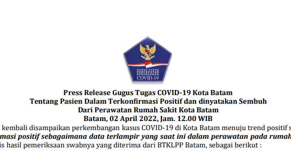 Press Release Gugus Tugas COVID-19 Kota Batam Tentang Pasien Dalam Terkonfirmasi Positif dan dinyatakan Sembuh Dari Perawatan Rumah Sakit Kota Batam Batam, 02 April 2022, Jam. 12.00 WIB
