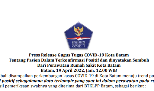 Press Release Gugus Tugas COVID-19 Kota Batam Tentang Pasien Dalam Terkonfirmasi Positif dan dinyatakan Sembuh Dari Perawatan Rumah Sakit Kota Batam Batam, 19 April 2022, Jam. 12.00 WIB