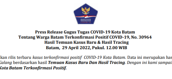 Press Release Gugus Tugas COVID-19 Kota Batam Tentang Warga Batam Terkonfirmasi Positif COVID-19, No. 30964 Hasil Temuan Kasus Baru & Hasil Tracing Batam, 29 April 2022, Pukul. 12.00 WIB