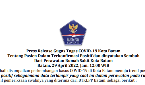 Press Release Gugus Tugas COVID-19 Kota Batam Tentang Pasien Dalam Terkonfirmasi Positif dan dinyatakan Sembuh Dari Perawatan Rumah Sakit Kota Batam Batam, 29 April 2022, Jam. 12.00 WIB