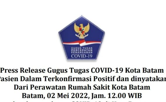 Press Release Gugus Tugas COVID-19 Kota Batam Tentang Pasien Dalam Terkonfirmasi Positif dan dinyatakan Sembuh Dari Perawatan Rumah Sakit Kota Batam Batam, 02 Mei 2022, Jam. 12.00 WIB