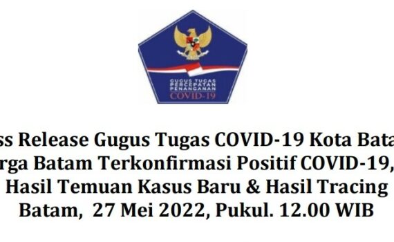 Press Release Gugus Tugas COVID-19 Kota Batam Tentang Warga Batam Terkonfirmasi Positif COVID-19, No. 30975 Hasil Temuan Kasus Baru dan Hasil Tracing Batam, 27 Mei 2022, Pukul. 12.00 WIB