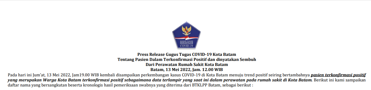 Press Release Gugus Tugas COVID-19 Kota Batam Tentang Pasien Dalam Terkonfirmasi Positif dan dinyatakan Sembuh Dari Perawatan Rumah Sakit Kota Batam Batam, 13 Mei 2022, Jam. 12.00 WIB