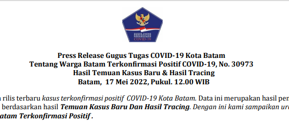 Press Release Gugus Tugas COVID-19 Kota Batam Tentang Warga Batam Terkonfirmasi Positif COVID-19, No. 30973 Hasil Temuan Kasus Baru & Hasil Tracing Batam, 17 Mei 2022, Pukul. 12.00 WIB