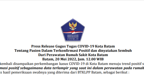 Press Release Gugus Tugas COVID-19 Kota Batam Tentang Pasien Dalam Terkonfirmasi Positif dan dinyatakan Sembuh Dari Perawatan Rumah Sakit Kota Batam Batam, 20 Mei 2022, Jam. 12.00 WIB