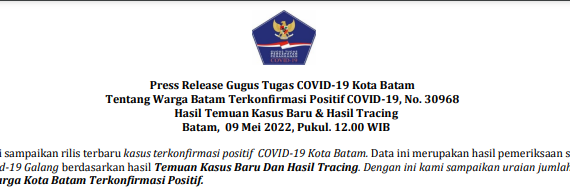 Press Release Gugus Tugas COVID-19 Kota Batam Tentang Warga Batam Terkonfirmasi Positif COVID-19, No. 30968 Hasil Temuan Kasus Baru & Hasil Tracing Batam, 09 Mei 2022, Pukul. 12.00 WIB