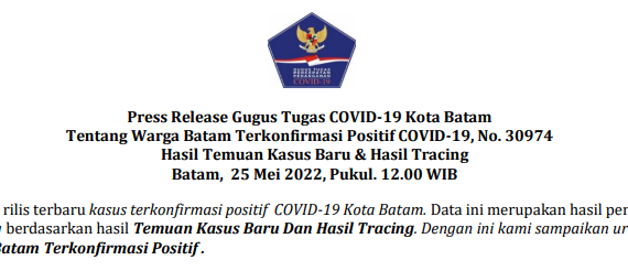 Press Release Gugus Tugas COVID-19 Kota Batam Tentang Warga Batam Terkonfirmasi Positif COVID-19, No. 30974 Hasil Temuan Kasus Baru & Hasil Tracing Batam, 25 Mei 2022, Pukul. 12.00 WIB