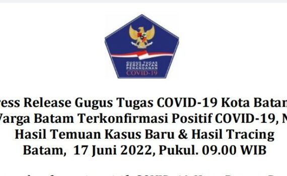 Press Release Gugus Tugas COVID-19 Kota Batam Tentang Warga Batam Terkonfirmasi Positif COVID-19, No. 30981 Hasil Temuan Kasus Baru dan Hasil Tracing Batam, 17 Juni 2022, Pukul. 09.00 WIB