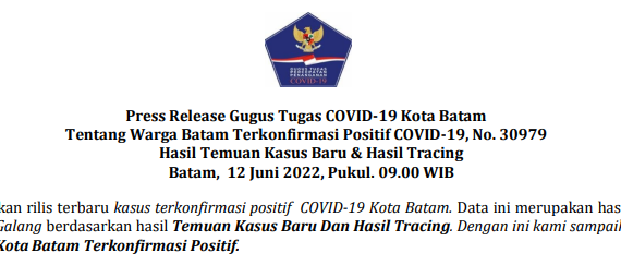 Press Release Gugus Tugas COVID-19 Kota Batam Tentang Warga Batam Terkonfirmasi Positif COVID-19, No. 30979 Hasil Temuan Kasus Baru & Hasil Tracing Batam, 12 Juni 2022, Pukul. 09.00 WIB