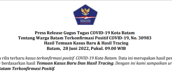 Press Release Gugus Tugas COVID-19 Kota Batam Tentang Warga Batam Terkonfirmasi Positif COVID-19, No. 30983 Hasil Temuan Kasus Baru dan Hasil Tracing Batam, 28 Juni 2022, Pukul. 09.00 WIB