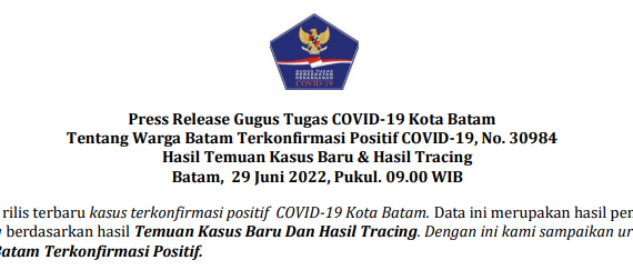 Press Release Gugus Tugas COVID-19 Kota Batam Tentang Warga Batam Terkonfirmasi Positif COVID-19, No. 30984 Hasil Temuan Kasus Baru & Hasil Tracing Batam, 29 Juni 2022, Pukul. 09.00 WIB