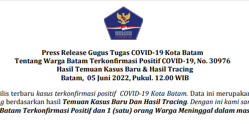 Press Release Gugus Tugas COVID-19 Kota Batam Tentang Warga Batam Terkonfirmasi Positif COVID-19, No. 30976 Hasil Temuan Kasus Baru & Hasil Tracing Batam, 05 Juni 2022, Pukul. 12.00 WIB