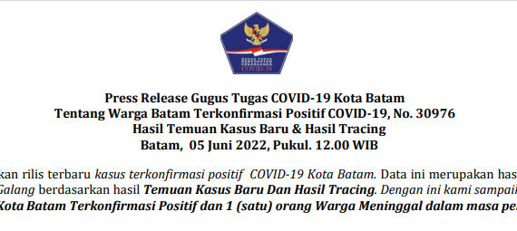 Press Release Gugus Tugas COVID-19 Kota Batam Tentang Warga Batam Terkonfirmasi Positif COVID-19, No. 30976 Hasil Temuan Kasus Baru & Hasil Tracing Batam, 05 Juni 2022, Pukul. 12.00 WIB