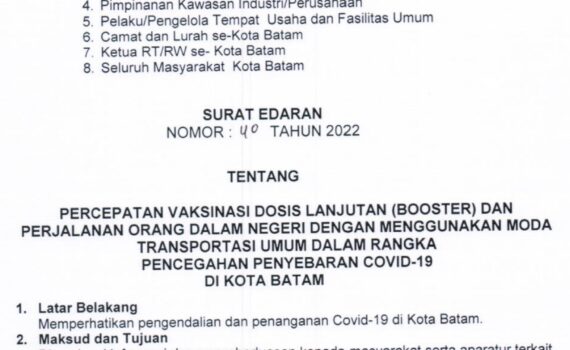 Surat Edaran Walikota Batam Nomor 40 Tahun 2022
