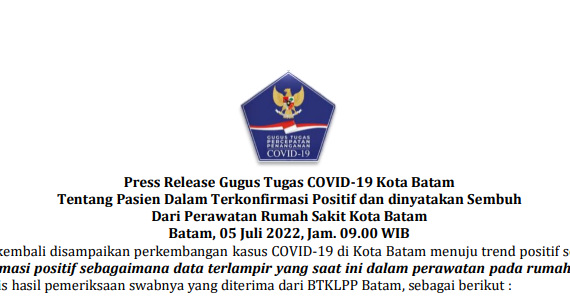 Press Release Gugus Tugas COVID-19 Kota Batam Tentang Pasien Dalam Terkonfirmasi Positif dan dinyatakan Sembuh Dari Perawatan Rumah Sakit Kota Batam Batam, 05 Juli 2022, Jam. 09.00 WIB