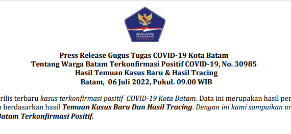 Press Release Gugus Tugas COVID-19 Kota Batam Tentang Warga Batam Terkonfirmasi Positif COVID-19, No. 30985 Hasil Temuan Kasus Baru dan Hasil Tracing Batam, 06 Juli 2022, Pukul. 09.00 WIB