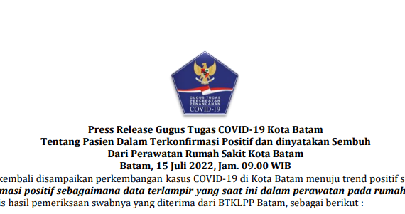 Press Release Gugus Tugas COVID-19 Kota Batam Tentang Pasien Dalam Terkonfirmasi Positif dan dinyatakan Sembuh Dari Perawatan Rumah Sakit Kota Batam Batam, 15 Juli 2022, Jam. 09.00 WIB