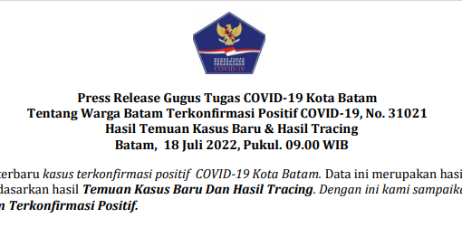 Press Release Gugus Tugas COVID-19 Kota Batam Tentang Warga Batam Terkonfirmasi Positif COVID-19, No. 31021 Hasil Temuan Kasus Baru & Hasil Tracing Batam, 18 Juli 2022, Pukul. 09.00 WIB