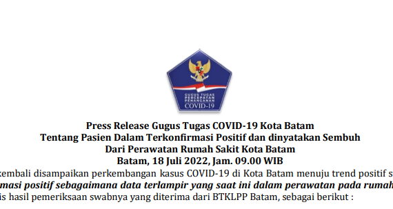 Press Release Gugus Tugas COVID-19 Kota Batam Tentang Pasien Dalam Terkonfirmasi Positif dan dinyatakan Sembuh Dari Perawatan Rumah Sakit Kota Batam Batam, 18 Juli 2022, Jam. 09.00 WIB