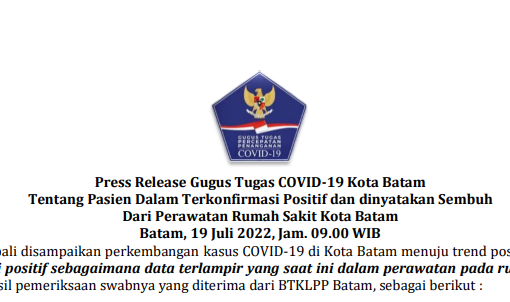 Press Release Gugus Tugas COVID-19 Kota Batam Tentang Pasien Dalam Terkonfirmasi Positif dan dinyatakan Sembuh Dari Perawatan Rumah Sakit Kota Batam Batam, 19 Juli 2022, Jam. 09.00 WIB