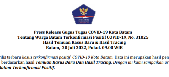 Press Release Gugus Tugas COVID-19 Kota Batam Tentang Warga Batam Terkonfirmasi Positif COVID-19, No. 31025 Hasil Temuan Kasus Baru & Hasil Tracing Batam, 20 Juli 2022, Pukul. 09.00 WIB