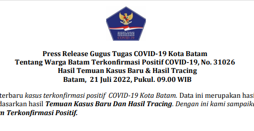 Press Release Gugus Tugas COVID-19 Kota Batam Tentang Warga Batam Terkonfirmasi Positif COVID-19, No. 31026 Hasil Temuan Kasus Baru dan Hasil Tracing Batam, 21 Juli 2022, Pukul. 09.00 WIB